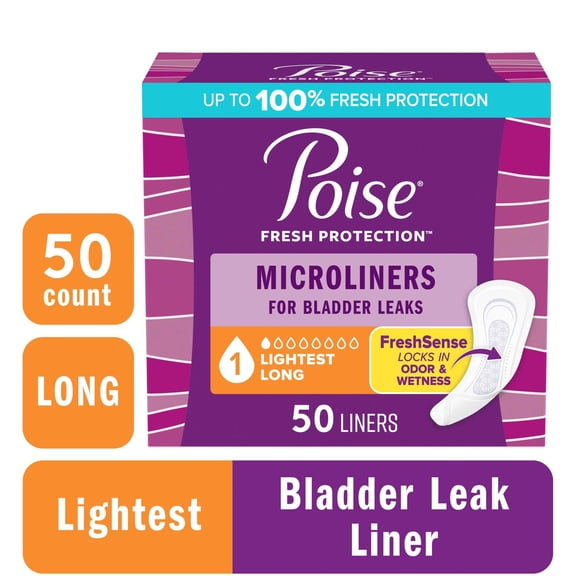 Poise Microliners Incontinence Panty Liners, 1 Drop Lightest Absorbency, Long, 50 Count
