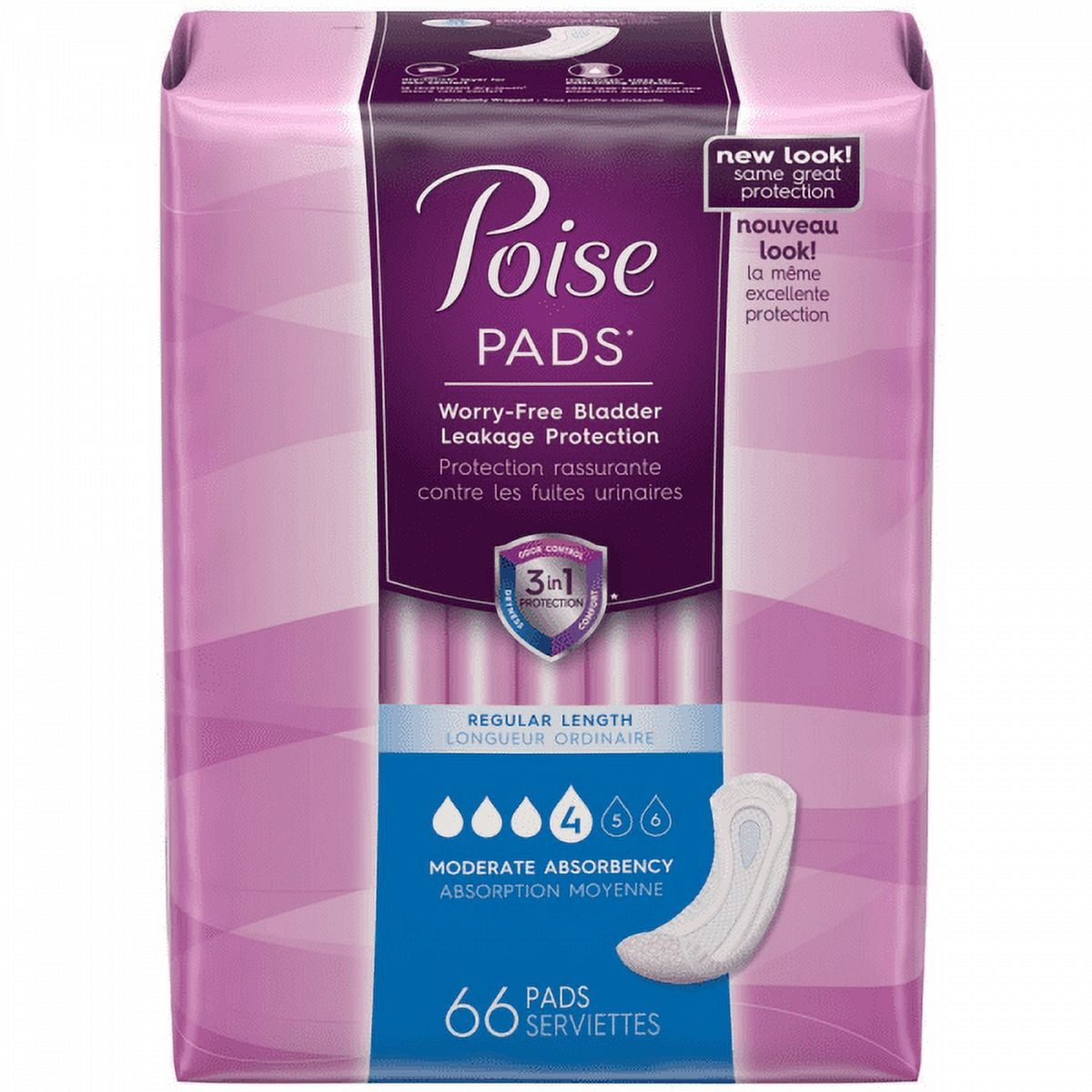 Poise Feminine Urinary Incontinence Pads, Moderate Absorbency, Regular Length, 66 CT
