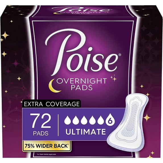 Poise Overnight Incontinence Pads, Ultimate Absorbency, 72 Count (2 Packs of 36) (Packaging May Vary)