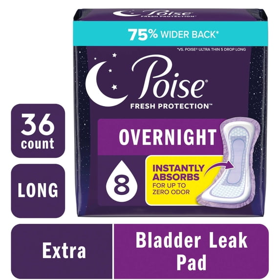 Poise Overnight Incontinence & Postpartum Pads for Bladder Leaks, 8 Drop Extra Coverage, 36 Count