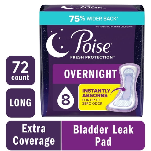 Poise Overnight Incontinence & Postpartum Pads for Bladder Leaks, 8 Drop Extra Coverage, 72 Count (2 Packs of 36), Packaging May Vary