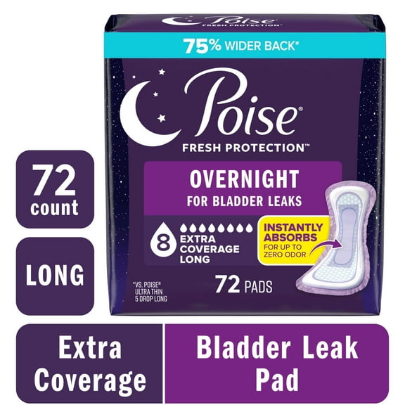Poise Overnight Incontinence & Postpartum Pads for Bladder Leaks, 8 Drop Extra Coverage, 72 Count (2 Packs of 36), Packaging May Vary
