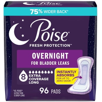Poise Overnight Incontinence & Postpartum Pads for Bladder Leaks, 8 Drop Extra Coverage, 96 Count (4 Packs of 24), Packaging May Vary