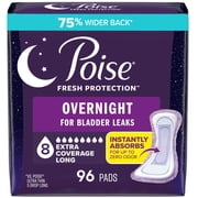 Poise Overnight Incontinence & Postpartum Pads for Bladder Leaks, 8 Drop Extra Coverage, 96 Count 4 Packs of 24, Packaging May Vary