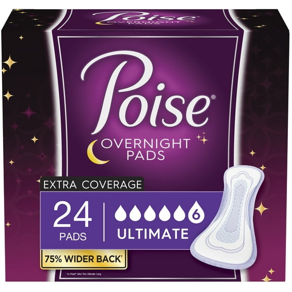 Poise Overnight Women's Ultimate - Extra Coverage Postpartum Incontinence Pads, 24 Count