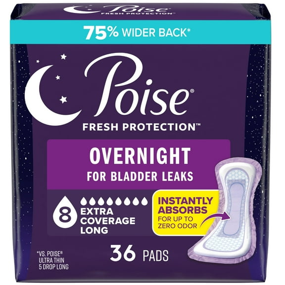Poise Overnight Incontinence & Postpartum Pads for Bladder Leaks, 8 Drop Extra Coverage, 36 Count
