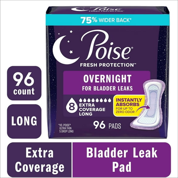 Poise Overnight Incontinence & Postpartum Pads for Bladder Leaks, 8 Drop Extra Coverage, 96 Count (4 Packs of 24), Packaging May Vary