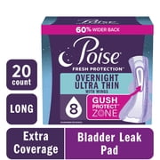 Poise Overnight Ultra Thin Incontinence Pads with Wings, 8 Drop Extra Absorbent, 20 Count