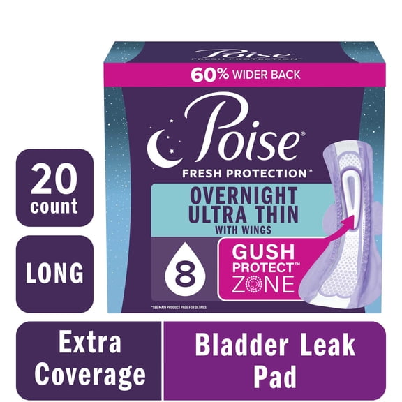 Poise Overnight Ultra Thin Incontinence Pads with Wings, 8 Drop Extra Absorbent, 20 Count