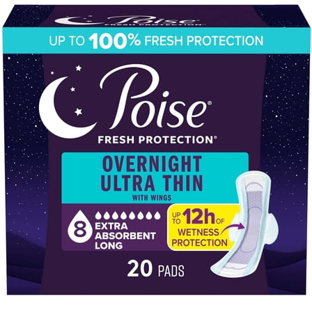 Poise Overnight Ultra Thin Incontinence Pads with Wings, 8 Drop Extra Absorbent, 20 Count
