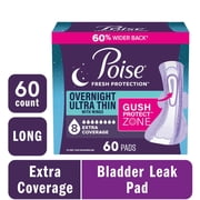 Poise Overnight Ultra Thin Incontinence Pads with Wings, 8 Drop Extra Absorbent, 60 Count