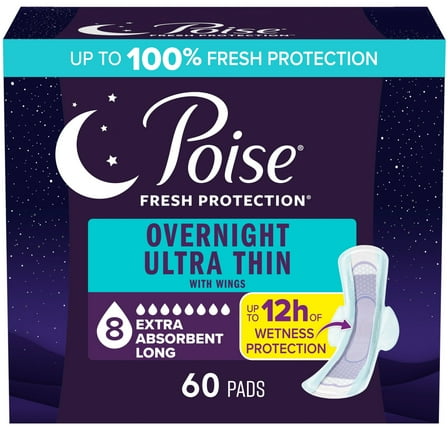 Poise Overnight Ultra Thin Incontinence Pads with Wings, 8 Drop Extra Absorbent, 60 Count