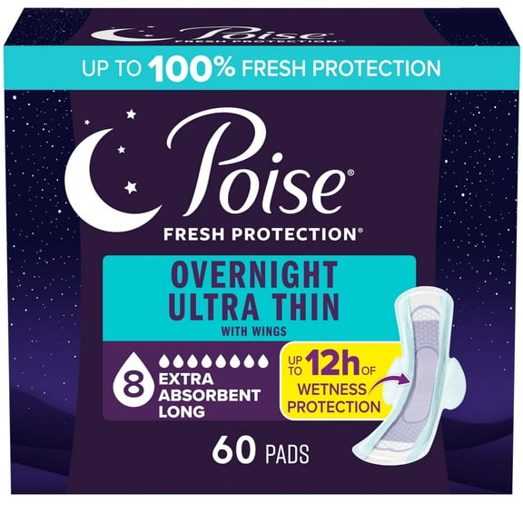 Poise Overnight Ultra Thin Incontinence Pads with Wings, 8 Drop Extra Absorbent, 60 Count
