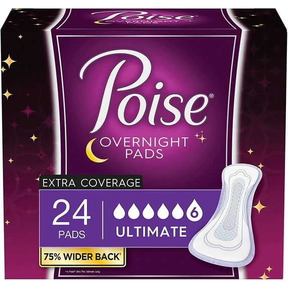 Poise Overnight Women's Ultimate - Extra Coverage Postpartum Incontinence Pads, 24 Count