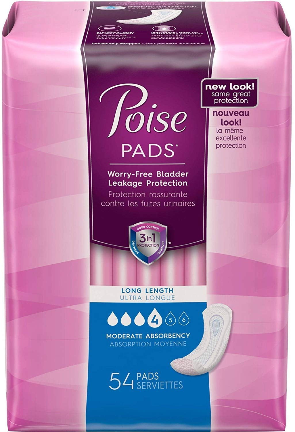 Poise Postpartum Incontinence Pads, Moderate Absorbency, Long, 54