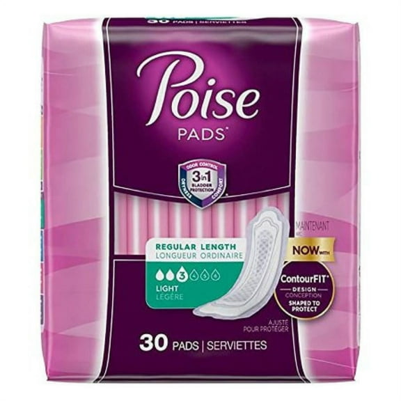 Poise One Size Fits Most Regular Pads, Light Absorbency, 9.33 Inch Length (30 Count)