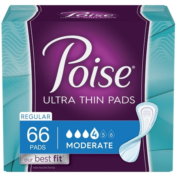 Poise Thin-shape Incontinence Pads, Moderate Absorbency, Regular, 66 Count