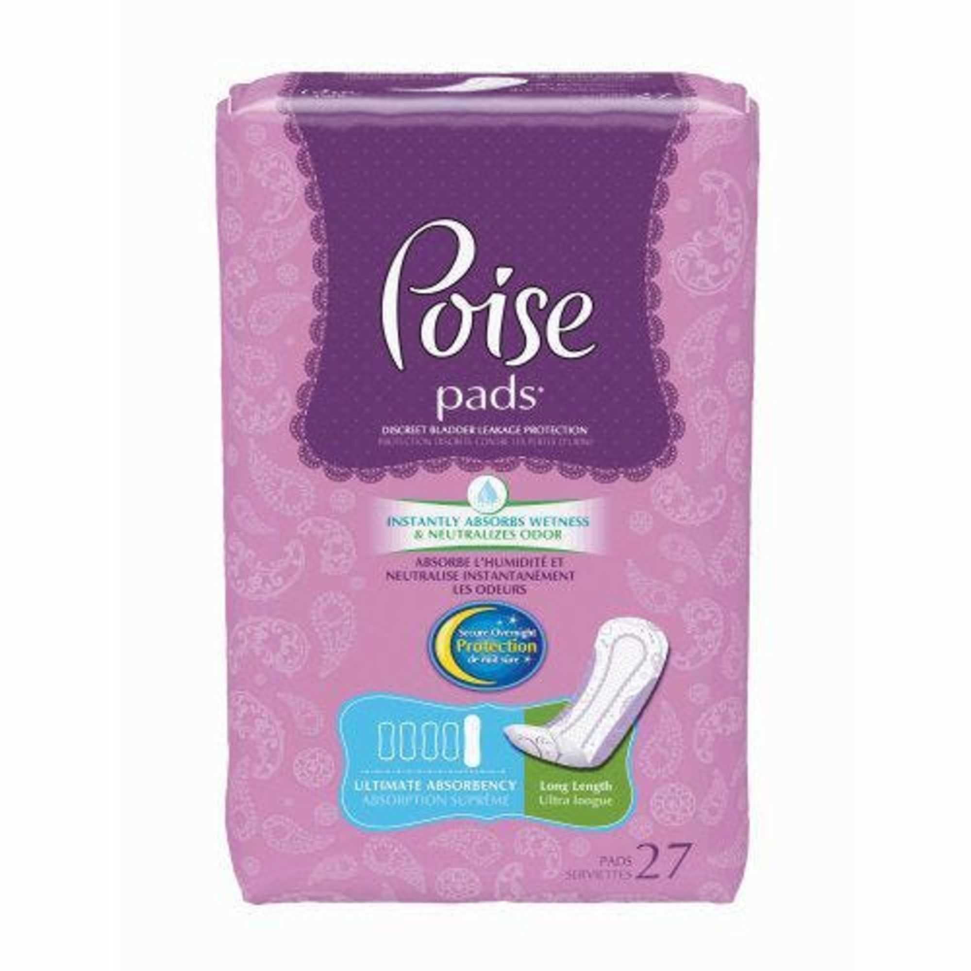 Poise Ultimate Absorbency Overnight Long Pads, Extra Coverage, 27 Ct
