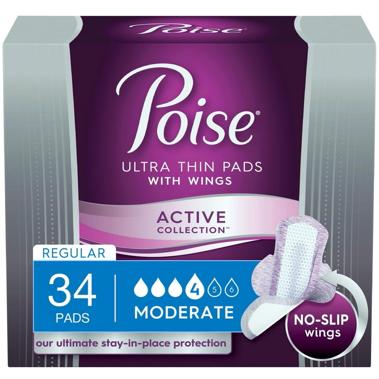 Poise Ultra Thin Active Women's Moderate - Regular Postpartum Incontinence  Pads with Wings, 34 Count 