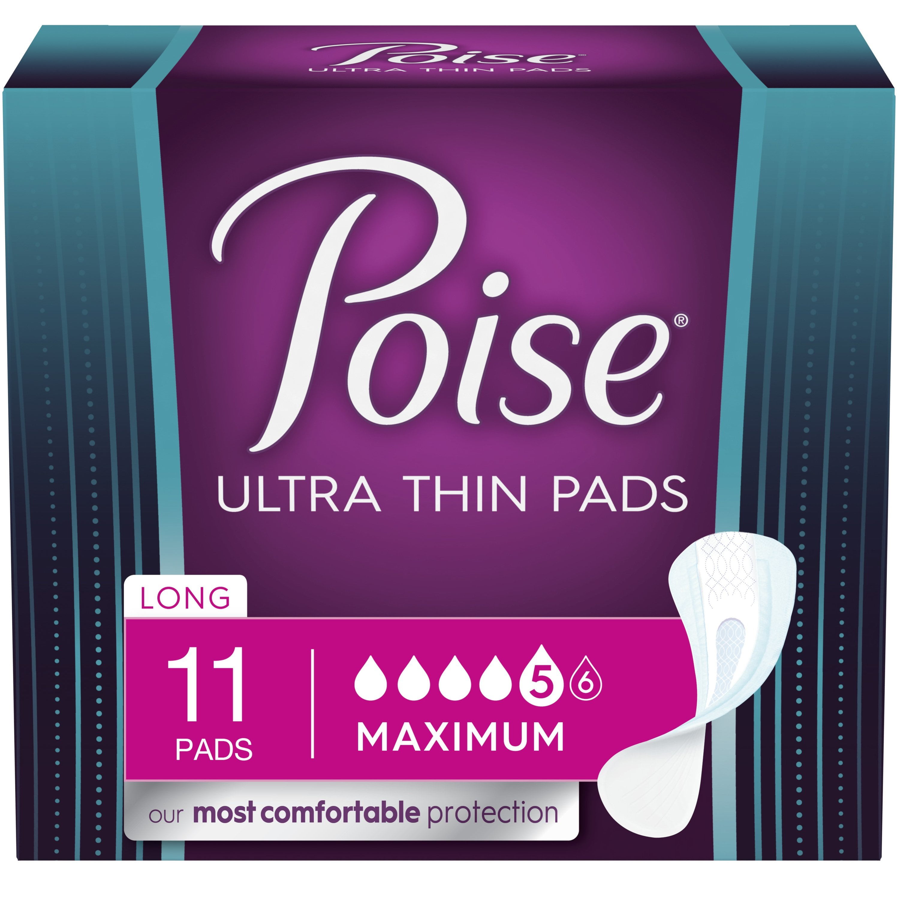 Poise Ultra Thin Incontinence/Bladder Control Pads, Maximum Absorbency, Long Length, 11 Count