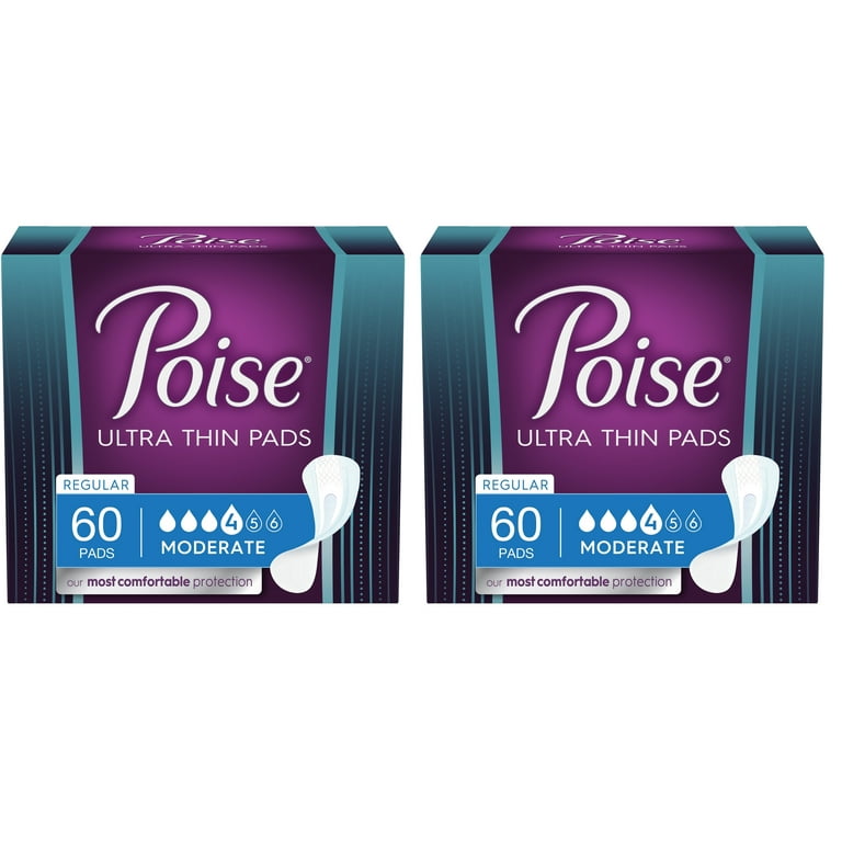 Poise Ultra-Thin Incontinence/Bladder Control Pads, Moderate Absorbency,  Regular Length, 60 Count - 2 Pack 
