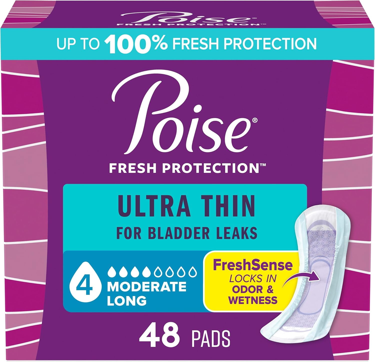 Poise Ultra Thin Incontinence/Bladder Long Length, 48 Count