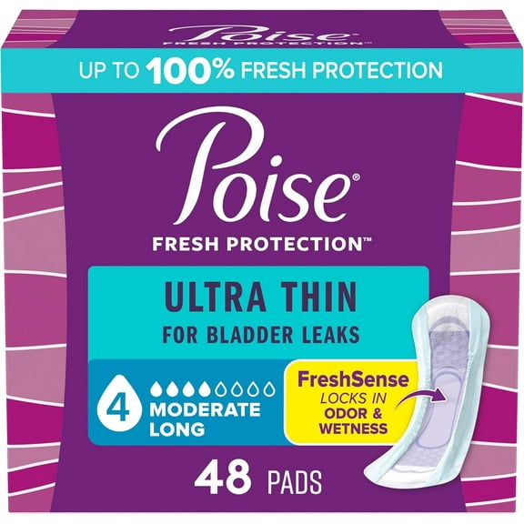 Poise Ultra Thin Incontinence/Bladder Long Length, 48 Count