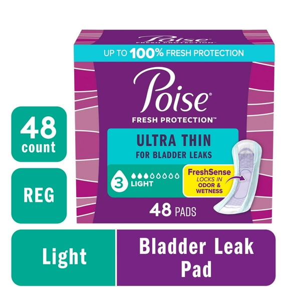 Poise Ultra Thin Incontinence Pads, 3 Drop Light Absorbency, Regular Length, 48 Count