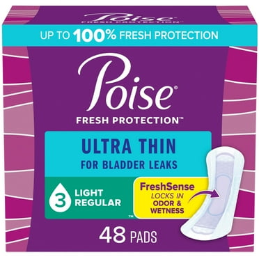 Poise Ultra Thin Incontinence Pads, 3 Drop Light Absorbency, Regular Length, 48 Count