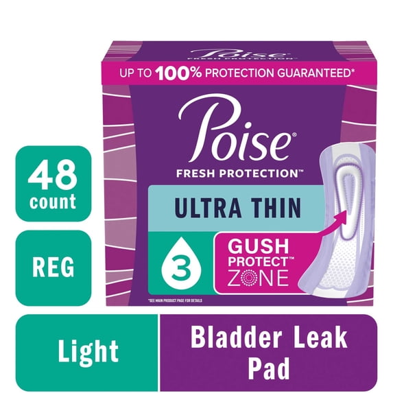 Poise Ultra Thin Incontinence Pads, 3 Drop Light Absorbency, Regular Length, 48 Count