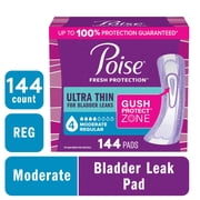 Poise Ultra Thin Incontinence Pads, 4 Drop Moderate Absorbency, Regular Length, 144 Count