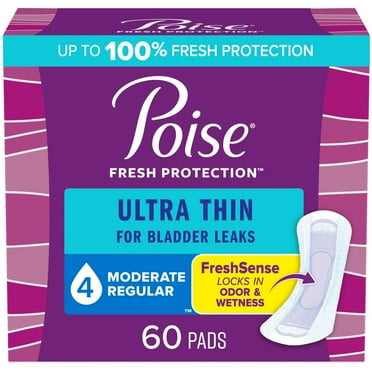 Poise Ultra Thin Incontinence Pads, 4 Drop Moderate Absorbency, Regular Length, 60 Count