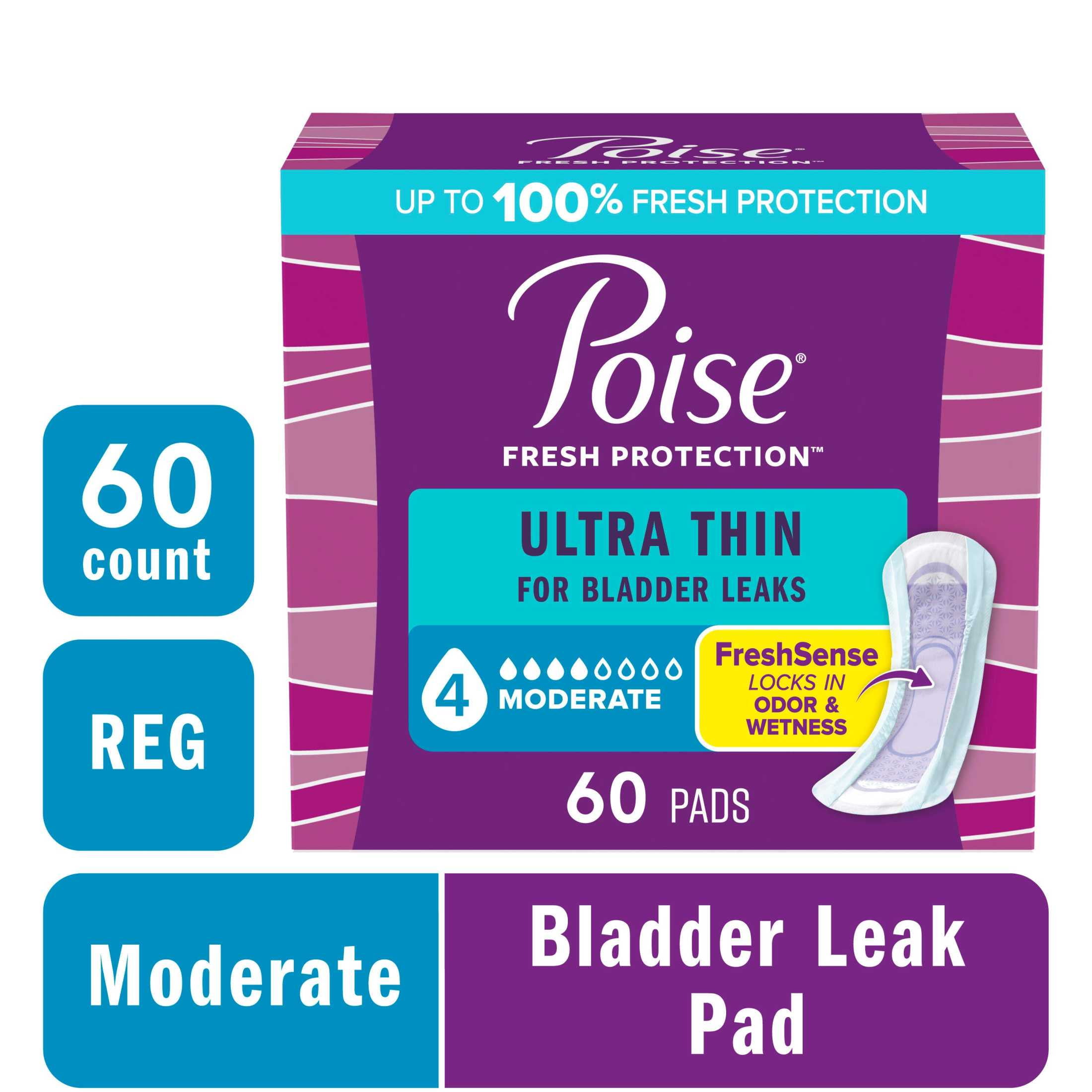 Poise Ultra Thin Incontinence Pads, 4 Drop Moderate Absorbency, Regular Length, 60 Count