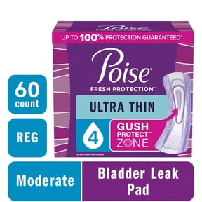 Poise Ultra Thin Incontinence Pads, 4 Drop Moderate Absorbency, Regular Length, 60 Count