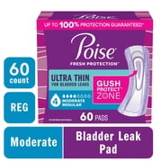 Poise Ultra Thin Incontinence Pads, 4 Drop Moderate Absorbency, Regular Length, 60 Count