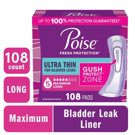 Poise Ultra Thin Incontinence Pads, 5 Drop Maximum Absorbency, Long Length, 108 Count