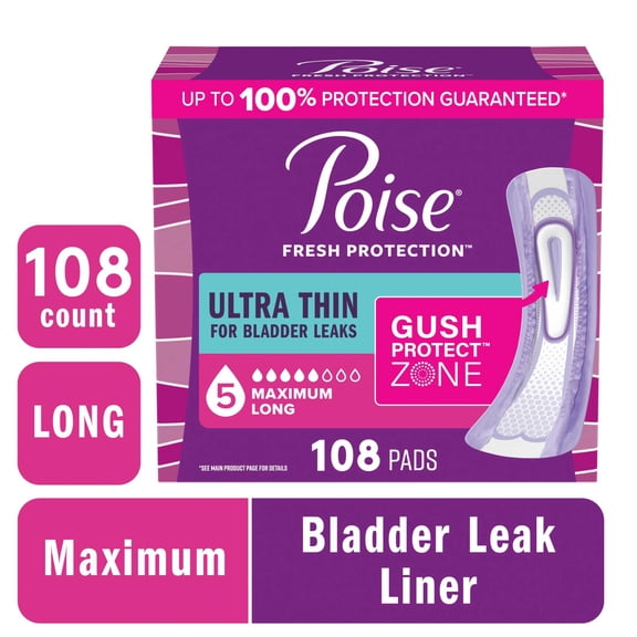 Poise Ultra Thin Incontinence Pads, 5 Drop Maximum Absorbency, Long Length, 108 Count