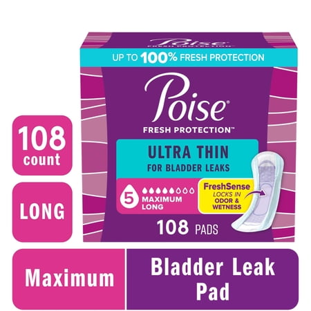 Poise Ultra Thin Incontinence Pads, 5 Drop Maximum Absorbency, Long Length, 108 Count