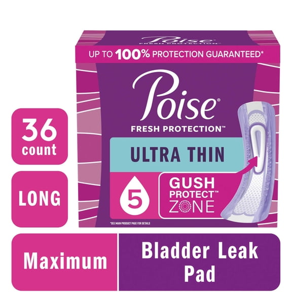 Poise Ultra Thin Incontinence Pads, 5 Drop Maximum Absorbency, Long Length, 36 Count