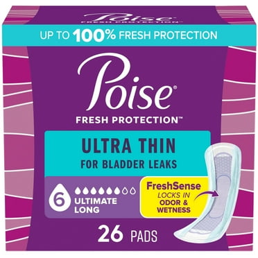 Poise Ultra Thin Incontinence Pads, 6 Drop Ultimate Absorbency, Long Length, 26 Count