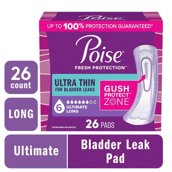 Poise Ultra Thin Incontinence Pads, 6 Drop Ultimate Absorbency, Long Length, 26 Count