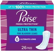 Poise Ultra Thin Incontinence Pads, 6 Drop Ultimate Absorbency, Long Length, 26 Count