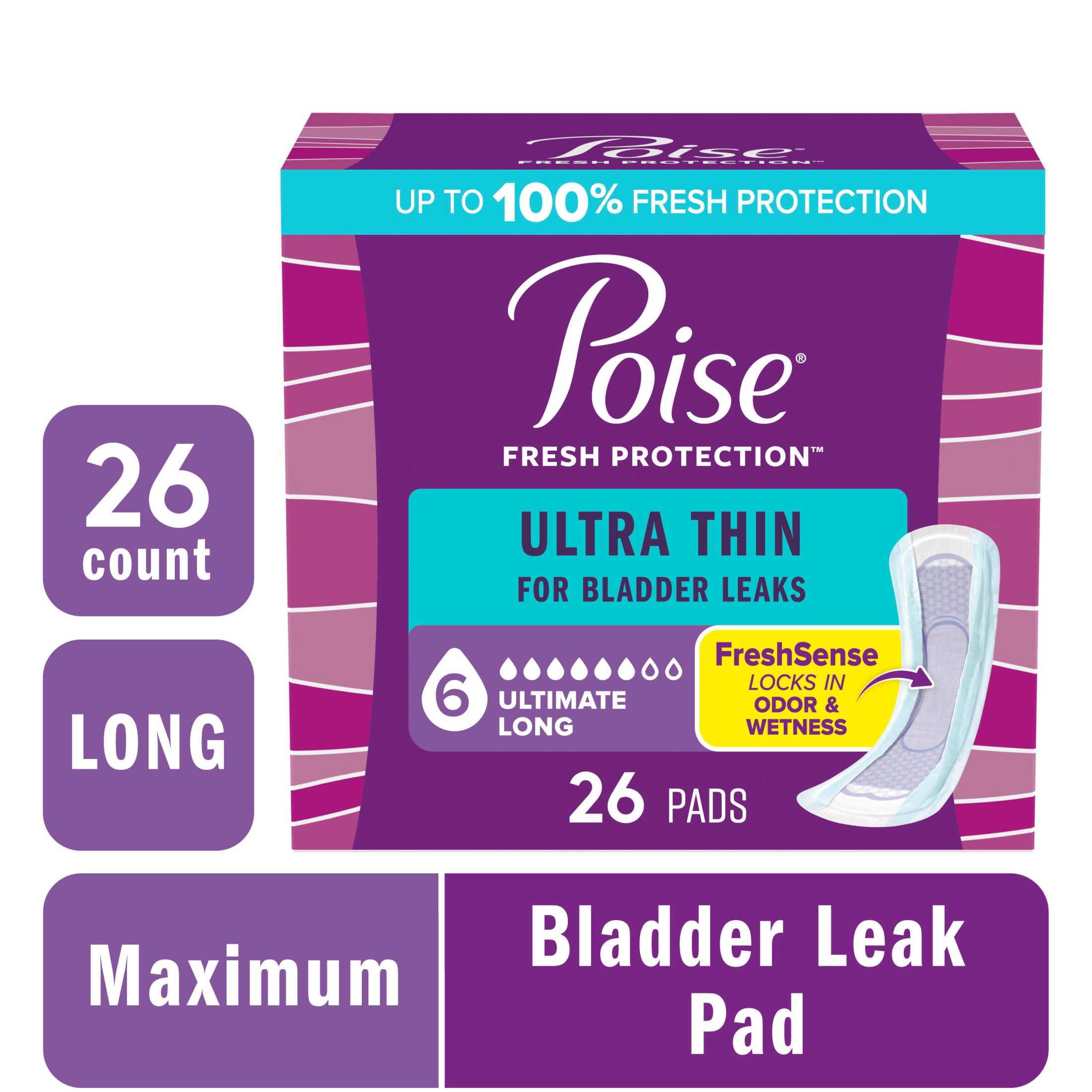 Poise Ultra Thin Incontinence Pads, 6 Drop Ultimate Absorbency, Long Length, 26 Count