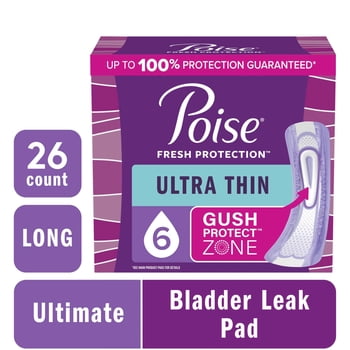Poise Ultra Thin Incontinence Pads, 6 Drop Ultimate Absorbency, Long Length, 26 Count