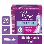 Poise Ultra Thin Incontinence Pads, 6 Drop Ultimate Absorbency, Long Length, 26 Count