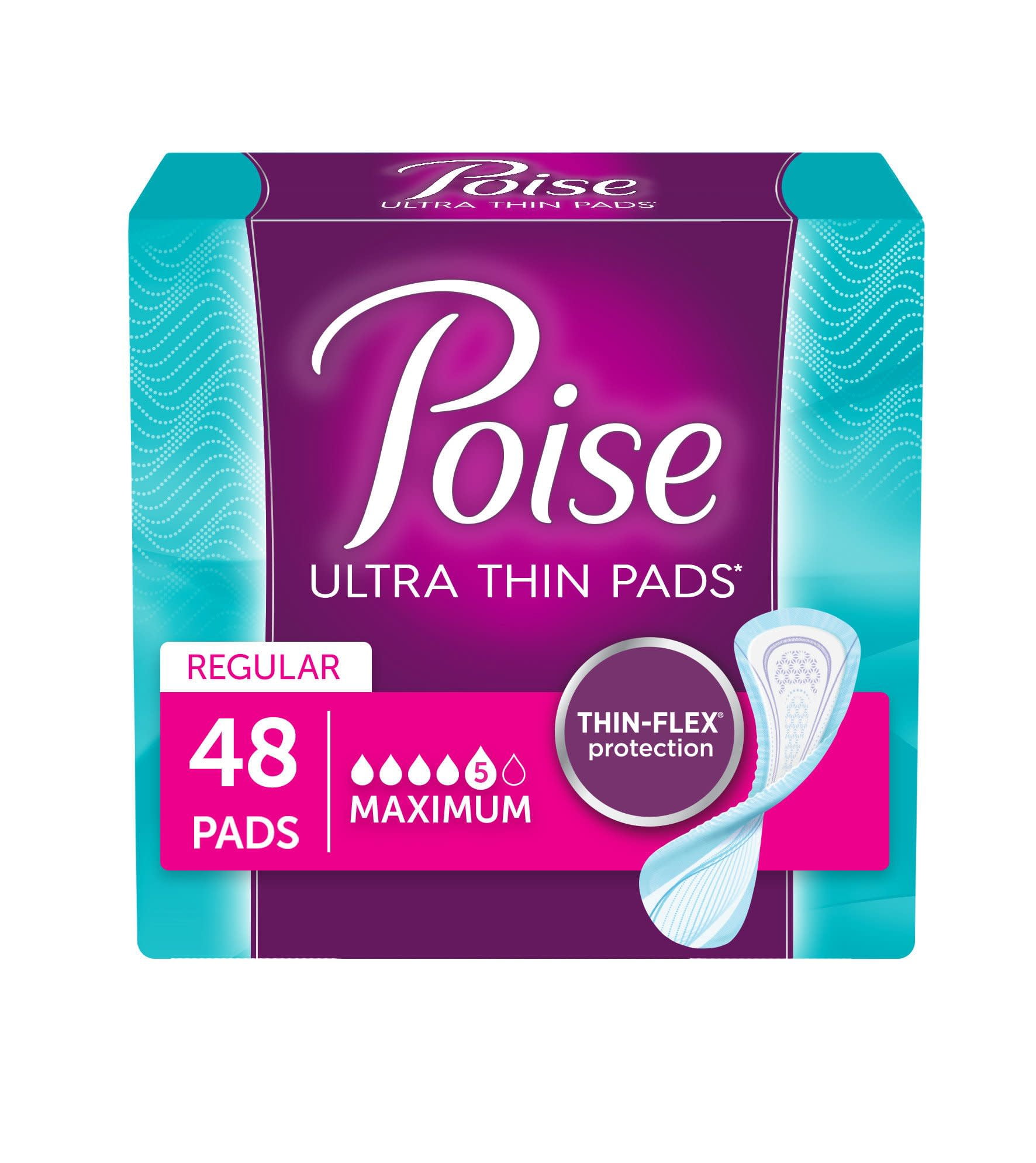 Poise Ultra Thin Incontinence Pads, Maximum Absorbency, Unscented, Regular, 48 Count