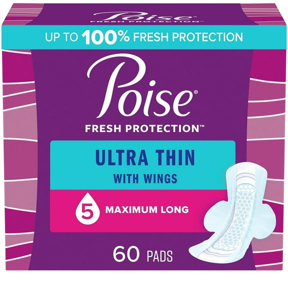 Poise Ultra Thin Incontinence & Postpartum Pads with Wings for Bladder Leaks, 5 Drop Maximum Absorbency, Long Length, 60 Count, Packaging May Vary