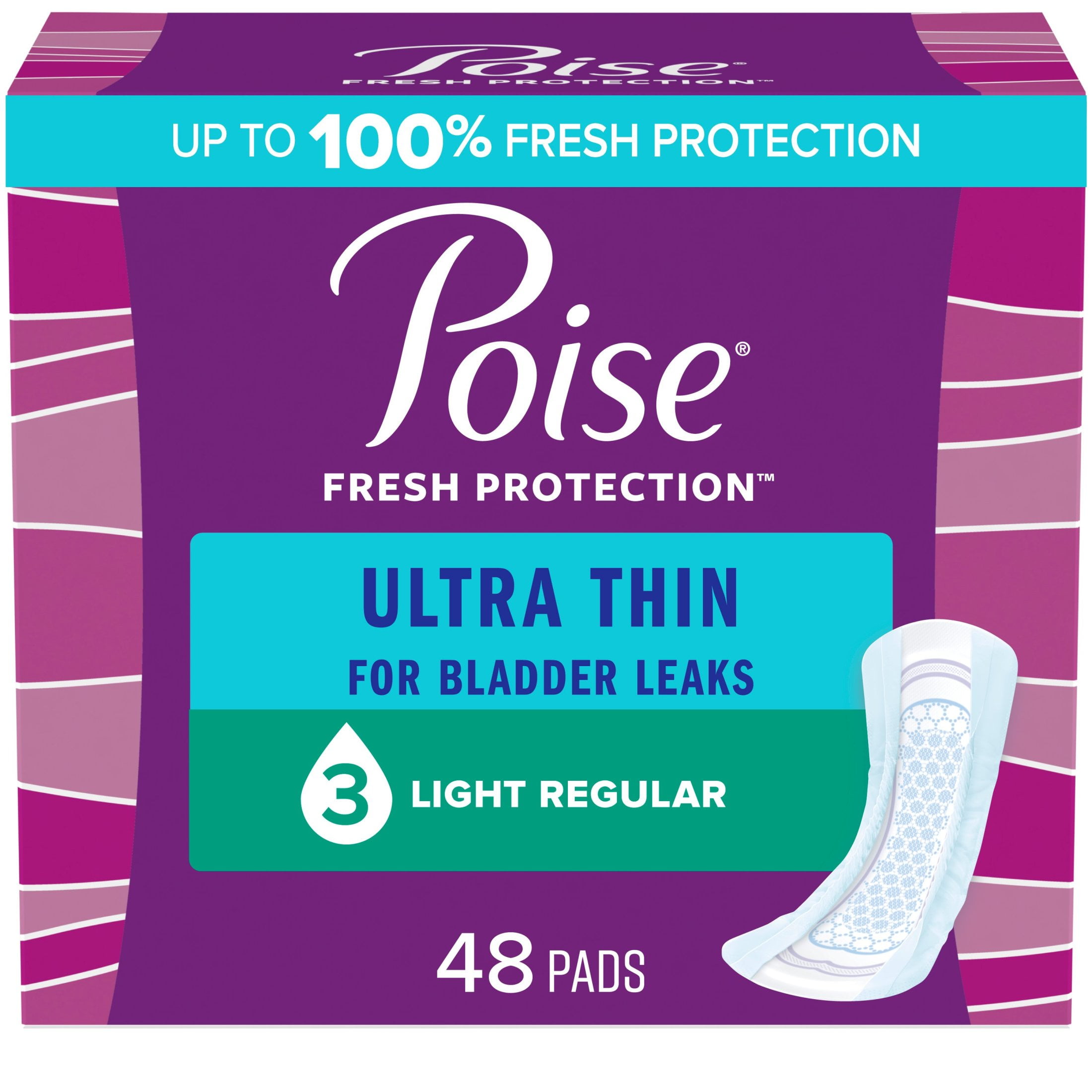 Poise Ultra Thin Incontinence Pads for Women, 3 Drop, Light Absorbency, Regular, 48 Count