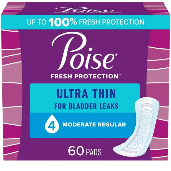 Poise Ultra Thin Incontinence Pads for Women, 4 Drop, Moderate Absorbency, Regular, 60 Count