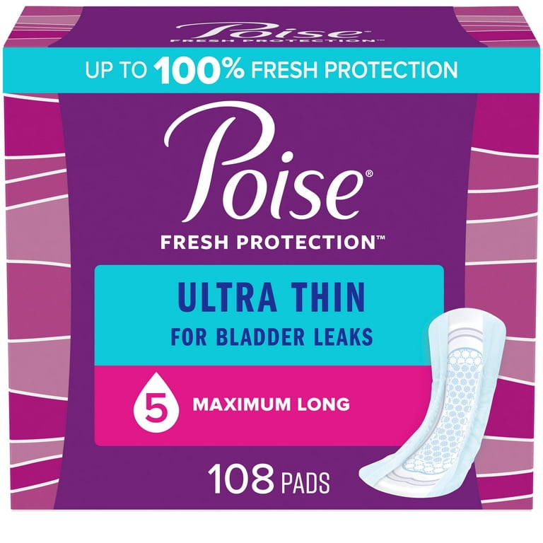 Poise Ultra Thin Incontinence Pads for Women, 5 Drop, Maximum Absorbency,  Long, 108Ct 
